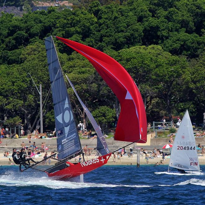 Race 1 – Noakesailing gives the swimmers a close up look at an 18ft Skiff in action off Nielsen Park – 18ft Skiffs NSW Championship ©  Frank Quealey / Australian 18 Footers League